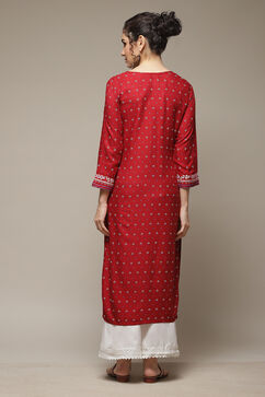 Red LIVA Straight Kurta image number 4